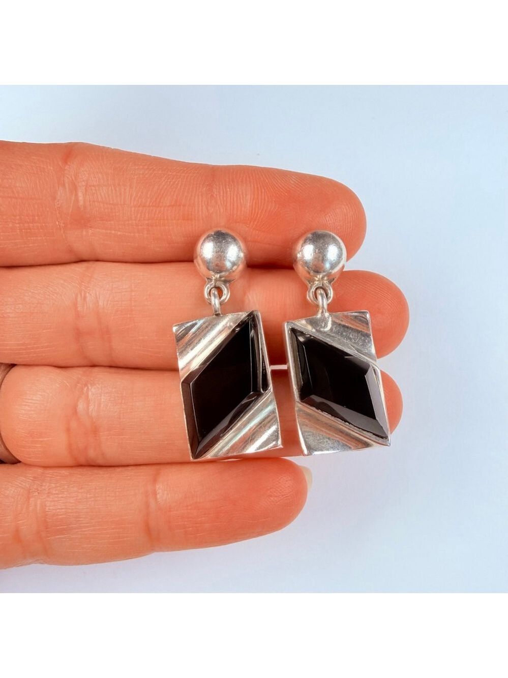 Modernist Taxco Black Jet Onyx Sterling Silver 950 VTG Rectangle Earrings Mexico - Picture 5 of 5